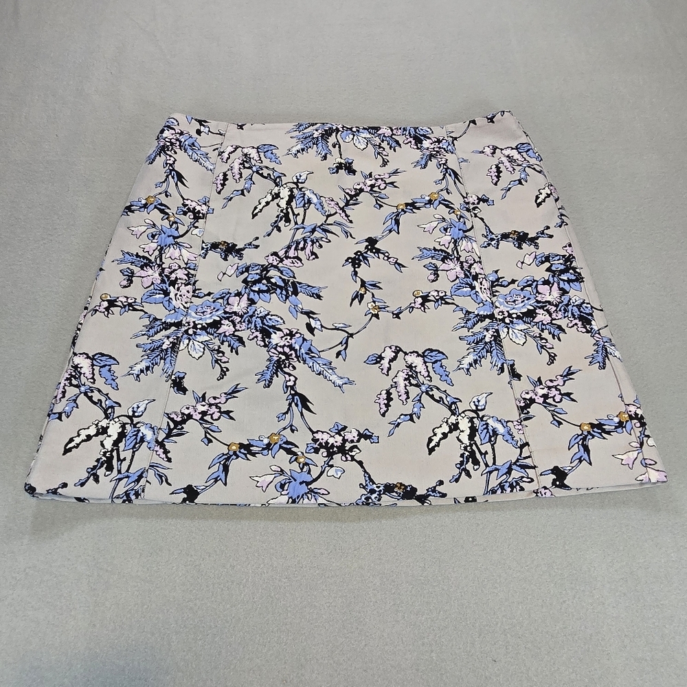 LOFT Mini Skirt Women 14 Grey Blue Floral Vine Print A-Line Lined Textured Woven